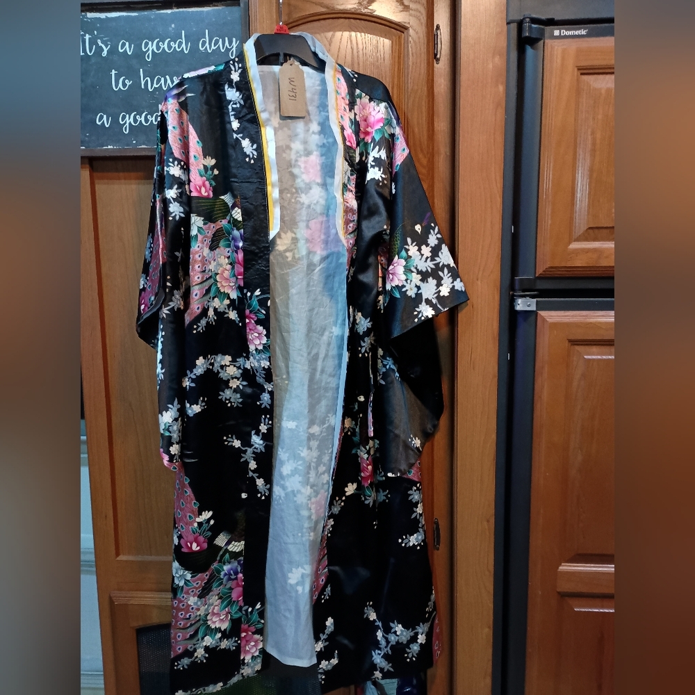 Black with Pink Floral & PeaCock Print Kimono